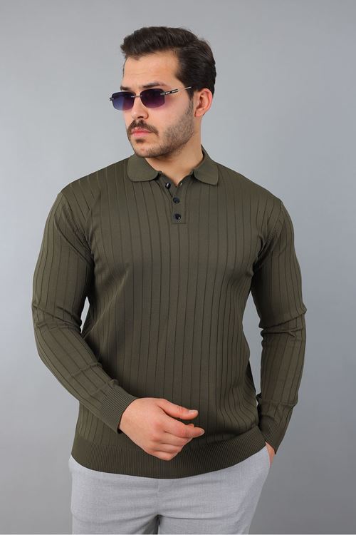Erkek Uzun Kol Polo Yaka Düğmeli Çizgili Triko