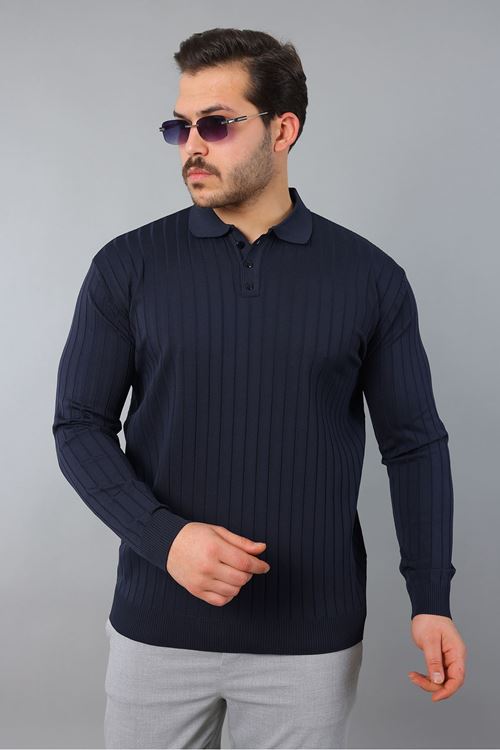 Erkek Uzun Kol Polo Yaka Düğmeli Çizgili Triko