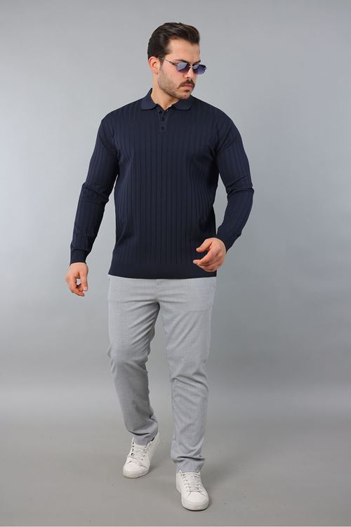 Erkek Uzun Kol Polo Yaka Düğmeli Çizgili Triko