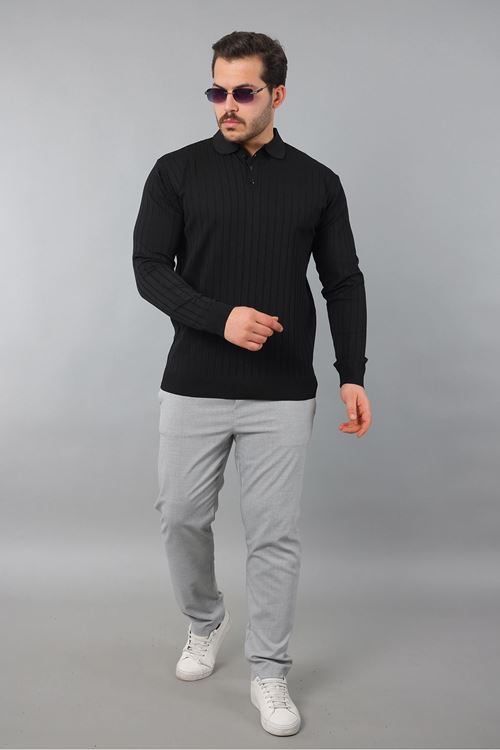 Erkek Uzun Kol Polo Yaka Düğmeli Çizgili Triko