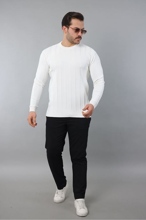 Erkek Uzun Kol Bisiklet Yaka Kendinden Çizgili Triko