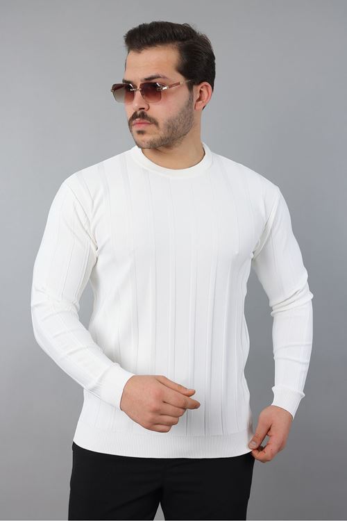 Erkek Uzun Kol Bisiklet Yaka Kendinden Çizgili Triko