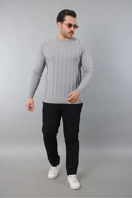 Erkek Uzun Kol Bisiklet Yaka Kendinden Çizgili Triko