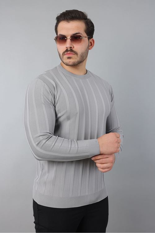 Erkek Uzun Kol Bisiklet Yaka Kendinden Çizgili Triko