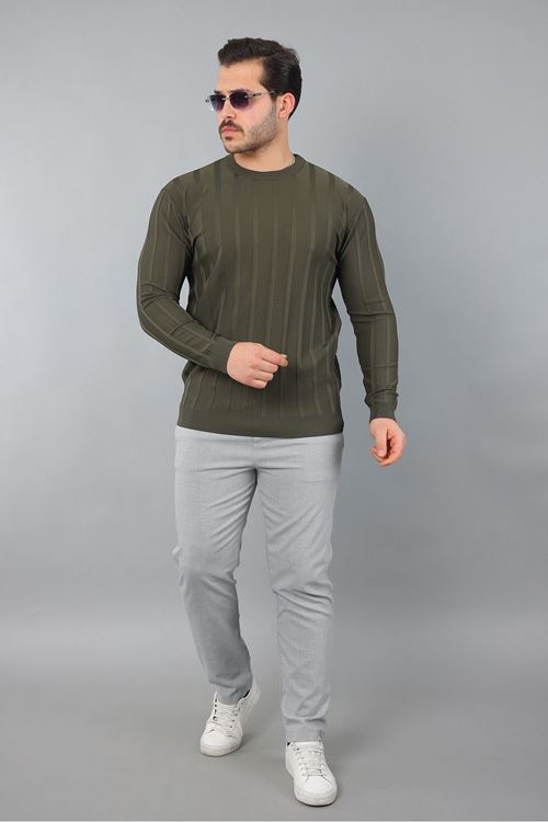 Erkek Uzun Kol Bisiklet Yaka Kendinden Çizgili Triko