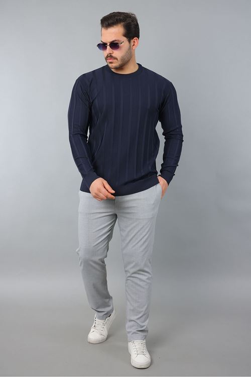 Erkek Uzun Kol Bisiklet Yaka Kendinden Çizgili Triko