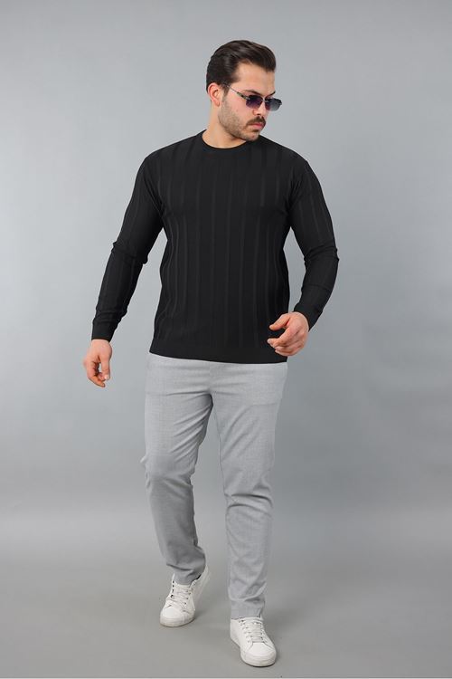 Erkek Uzun Kol Bisiklet Yaka Kendinden Çizgili Triko