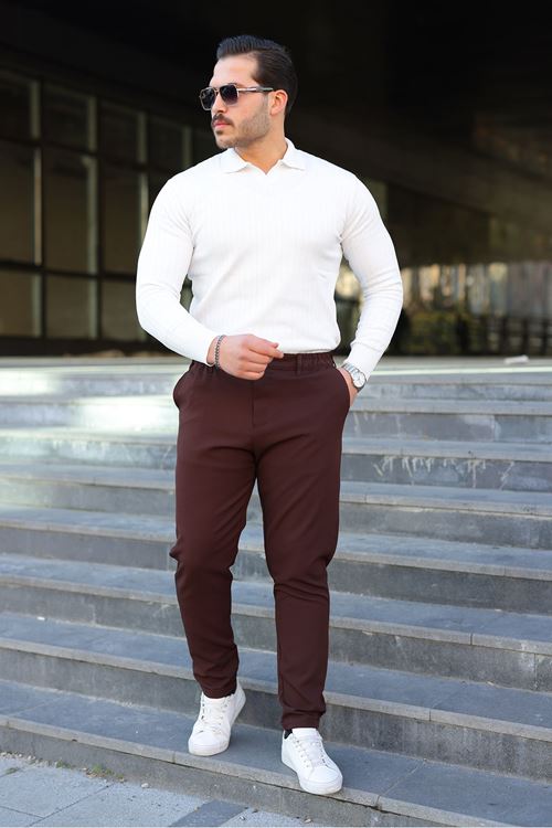 Erkek Bel Yarım Lastikli Kemerli Double Paça Dabıl Face Kumaş Slim Fit Pantolon