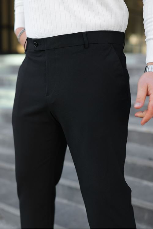 Erkek Slim Fit Likralı Bilek Boy Italyan Kesim Siyah Kumaş Pantolon