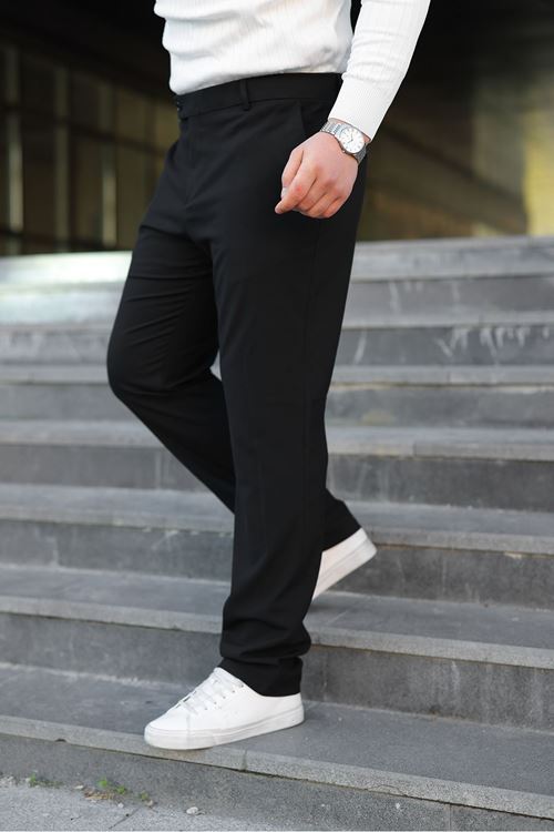 Erkek Slim Fit Likralı Bilek Boy Italyan Kesim Siyah Kumaş Pantolon