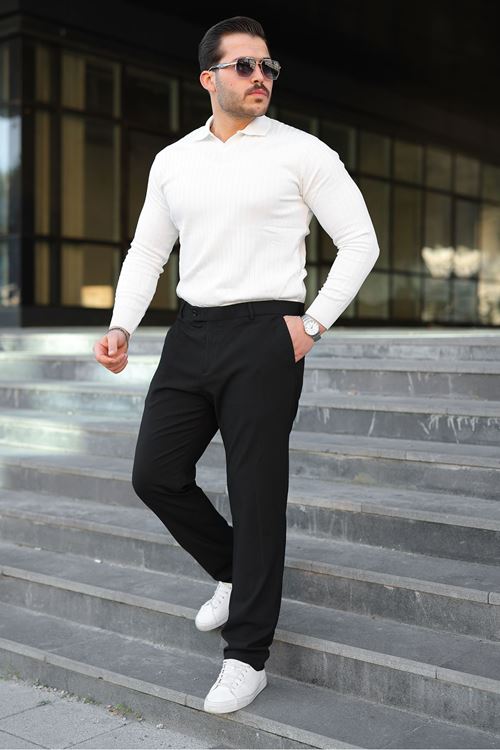 Erkek Slim Fit Likralı Bilek Boy Italyan Kesim Siyah Kumaş Pantolon