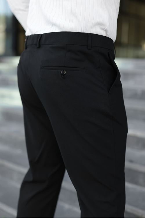 Erkek Slim Fit Likralı Bilek Boy Italyan Kesim Siyah Kumaş Pantolon