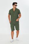 Erkek Keten Apaş Yaka Kısa Kol Gömlek - Şort Takım